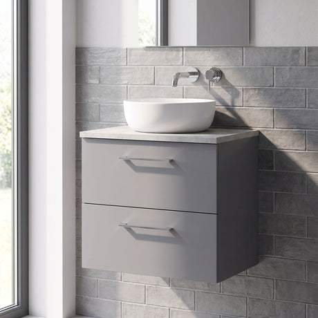 [BFLE2224LBG] Bramshall Contemporary 2 Drawer Wall Hung Vanity Unit with Bellato Grey Laminate Worktop, Choice of Size and Colour - Silo