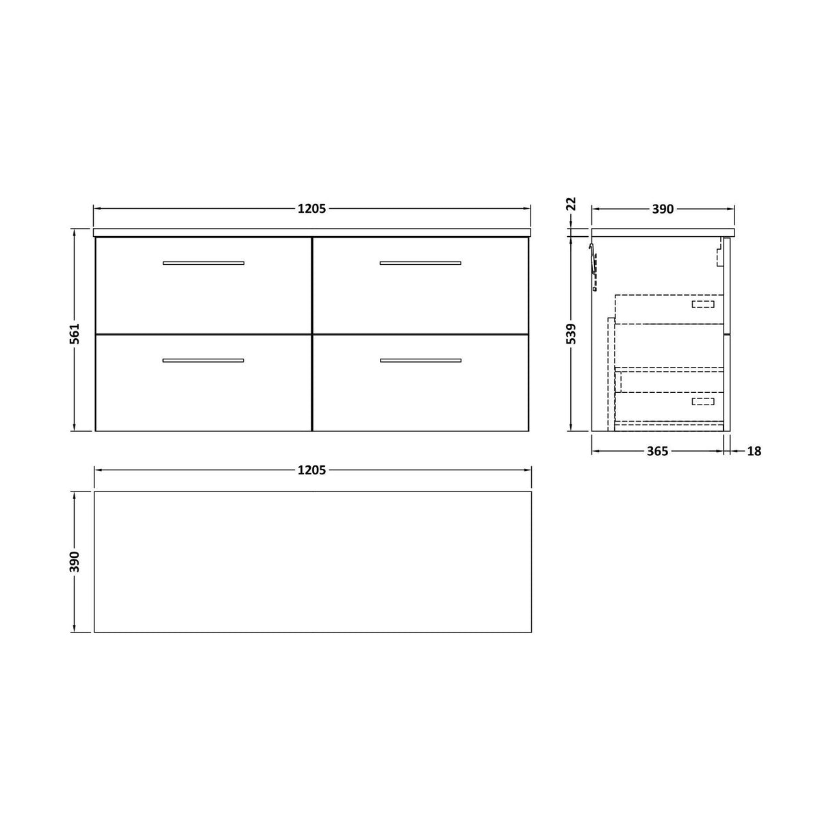 [BFLE2224LCM2] Balterley Level 1200mm Wall Hung 4 Drawer Vanity Unit & Laminate Worktop for Spacious Contemporary Bathroom Storage - Satin Grey - Technical Drawing