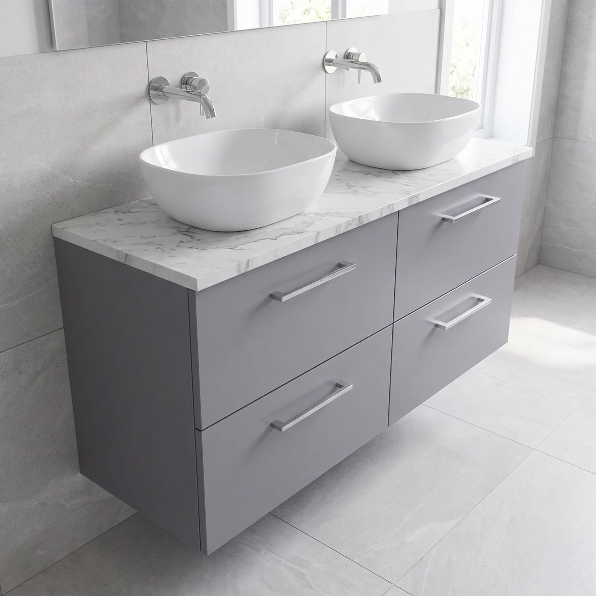 [BFLE2224LCM2] Bramshall Contemporary 4 Drawer Wall Hung Vanity Unit with Carrera Marble Laminate Worktop, 1200mm, Choice of Colour