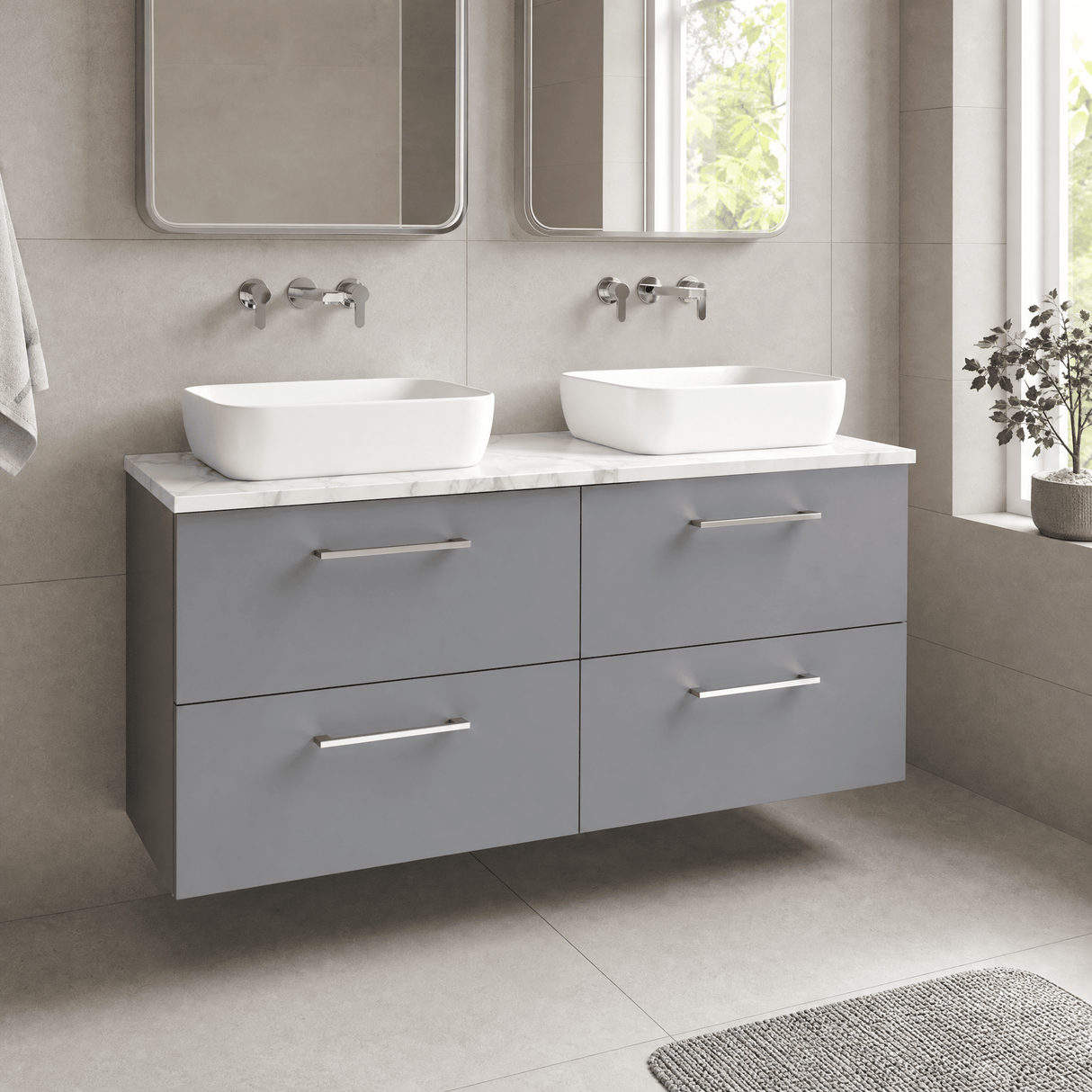 [BFLE2224LCM2] Bramshall Contemporary 4 Drawer Wall Hung Vanity Unit with Carrera Marble Laminate Worktop, 1200mm, Choice of Colour
