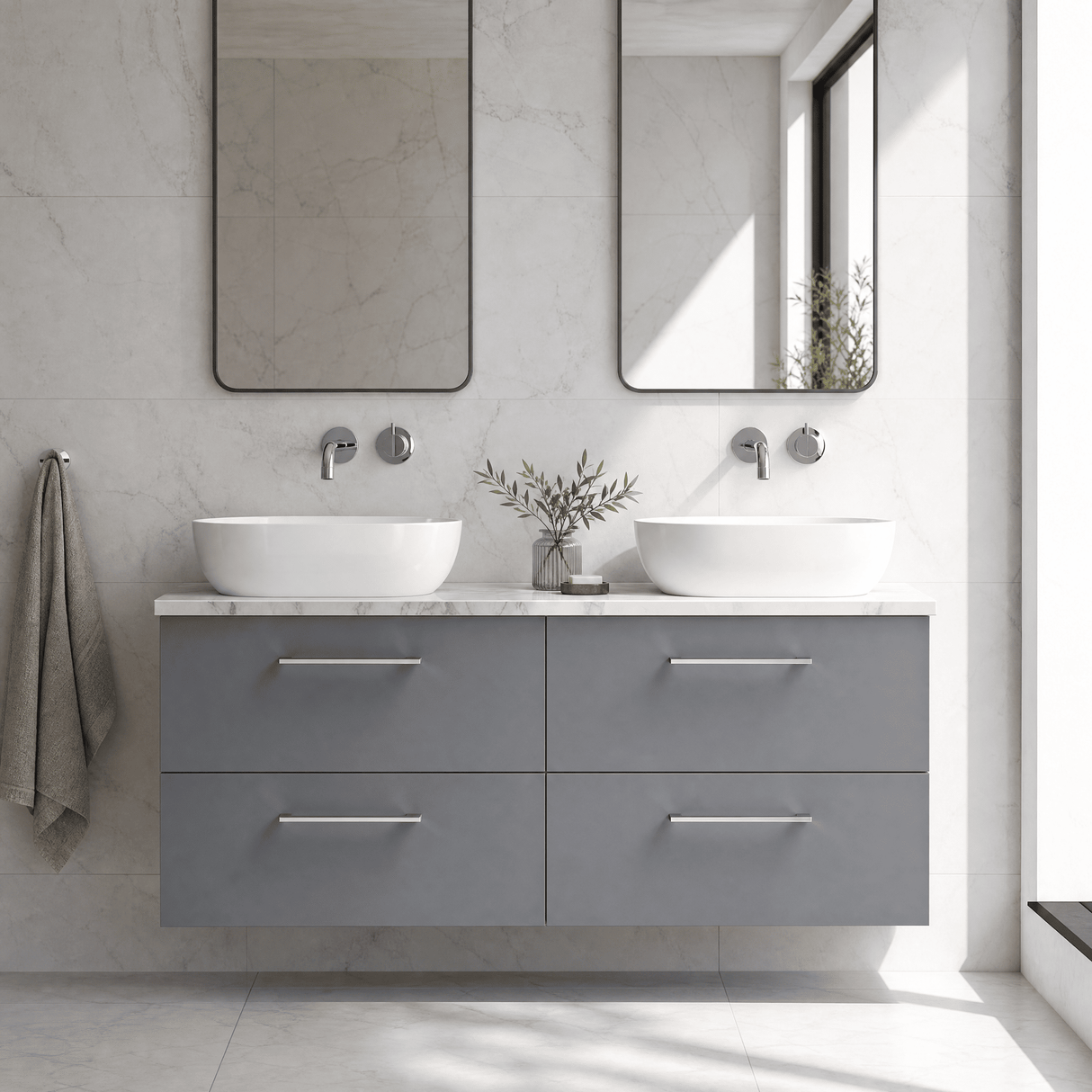 [BFLE2224LCM2] Bramshall Contemporary 4 Drawer Wall Hung Vanity Unit with Carrera Marble Laminate Worktop, 1200mm, Choice of Colour - Silo