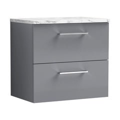 [BFLE2224LCM] Bramshall Contemporary 2 Drawer Wall Hung Vanity Unit with Carrera Marble Laminate Worktop, Choice of Size and Colour - Cutout