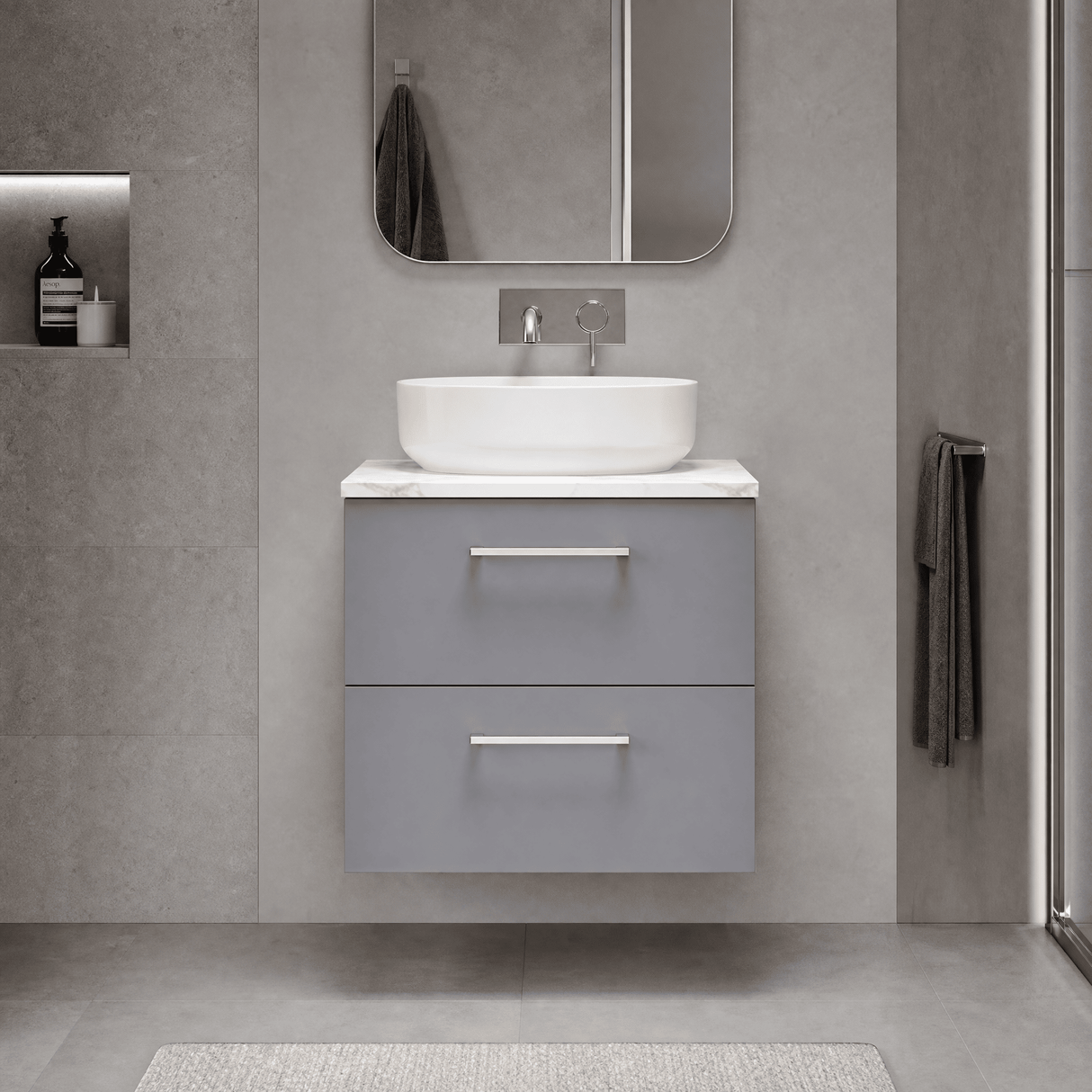[BFLE2224LCM] Bramshall Contemporary 2 Drawer Wall Hung Vanity Unit with Carrera Marble Laminate Worktop, Choice of Size and Colour