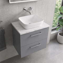 [BFLE2224LCM] Bramshall Contemporary 2 Drawer Wall Hung Vanity Unit with Carrera Marble Laminate Worktop, Choice of Size and Colour