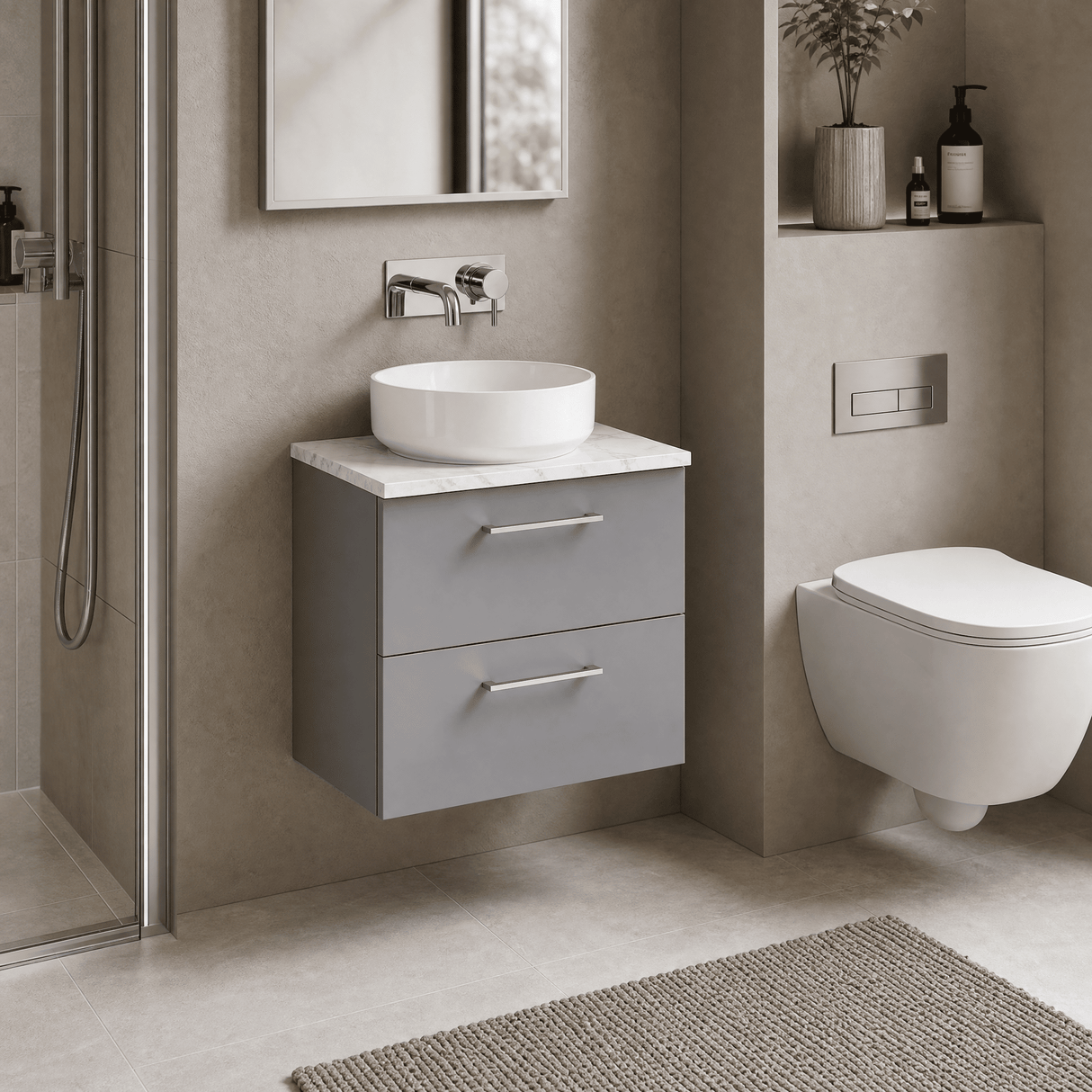 [BFLE2224LCM] Bramshall Contemporary 2 Drawer Wall Hung Vanity Unit with Carrera Marble Laminate Worktop, Choice of Size and Colour