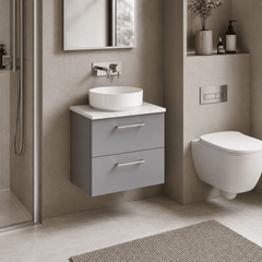 [BFLE2224LCM] Bramshall Contemporary 2 Drawer Wall Hung Vanity Unit with Carrera Marble Laminate Worktop, Choice of Size and Colour