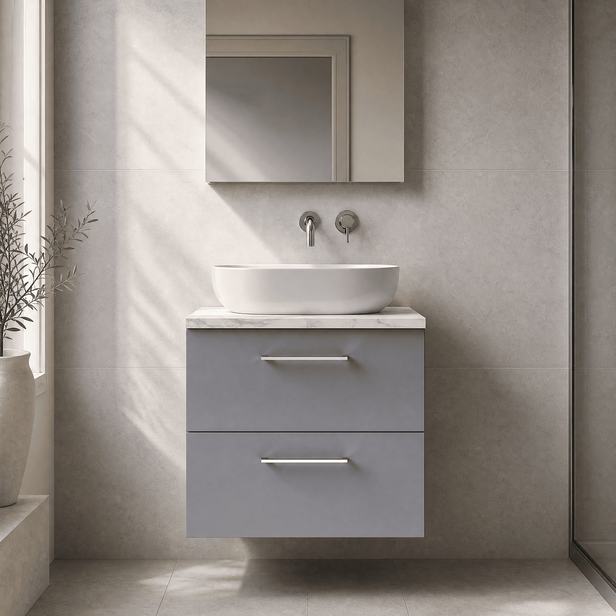 [BFLE2224LCM] Bramshall Contemporary 2 Drawer Wall Hung Vanity Unit with Carrera Marble Laminate Worktop, Choice of Size and Colour - Silo