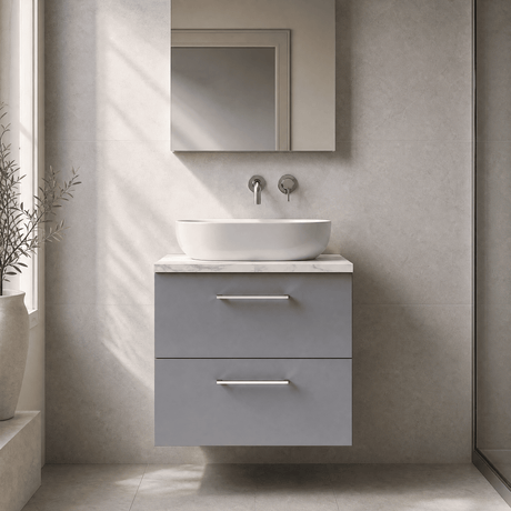 [BFLE2224LCM] Bramshall Contemporary 2 Drawer Wall Hung Vanity Unit with Carrera Marble Laminate Worktop, Choice of Size and Colour - Silo