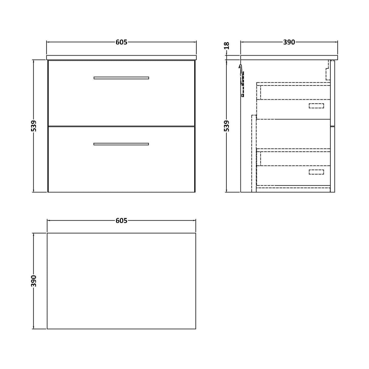 [BFLE2224W] Balterley Level Modern Bathroom 600mm Wall Hung 2 Soft Close Drawer Vanity Unit with Worktop, 557 x 605 x 383mm, Satin Grey - Technical Drawing
