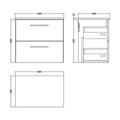 [BFLE2224W] Balterley Level Modern Bathroom 600mm Wall Hung 2 Soft Close Drawer Vanity Unit with Worktop, 557 x 605 x 383mm, Satin Grey - Technical Drawing