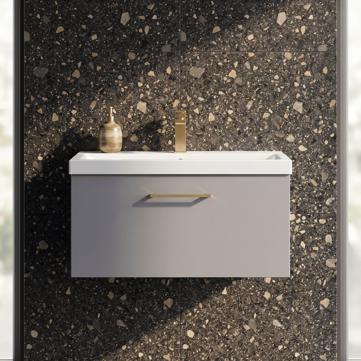 [BFLE2225AH017] Bramshall Wall Hung 1 Drawer Vanity Unit with Mid-Edge Ceramic Basin 800mm - Studio Shot