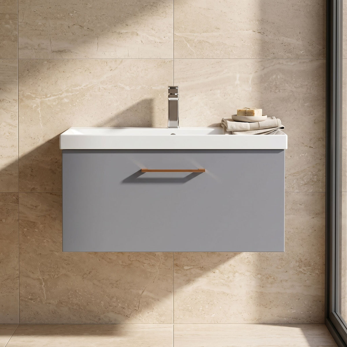 [BFLE2225AH019] Bramshall Wall Hung 1 Drawer Vanity Unit with Mid-Edge Ceramic Basin 800mm - Studio Shot