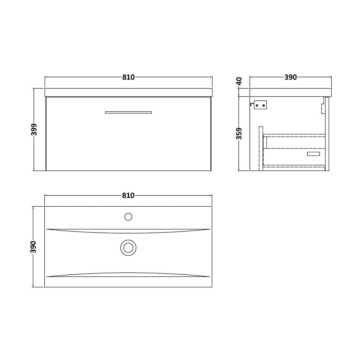 [BFLE2225A] Bramshall Wall Hung 1 Drawer Vanity Unit with Mid-Edge Ceramic Basin - Choice of Colour, Handle Finish and Size - Technical Drawing