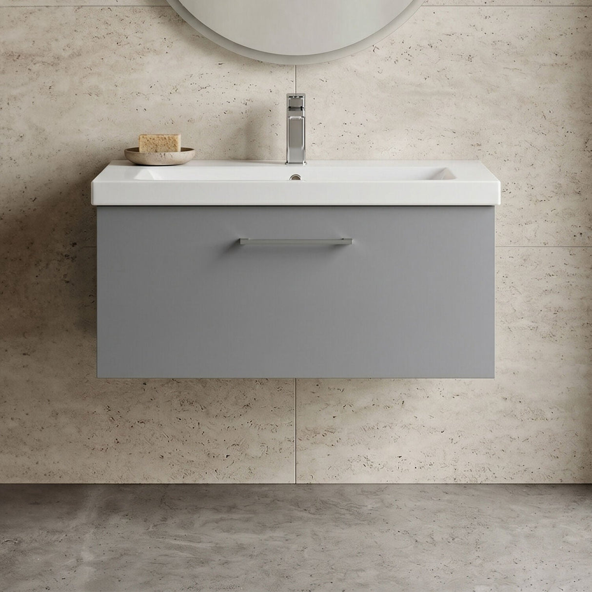 [BFLE2225A] Bramshall Wall Hung 1 Drawer Vanity Unit with Mid-Edge Ceramic Basin - Choice of Colour, Handle Finish and Size - Silo