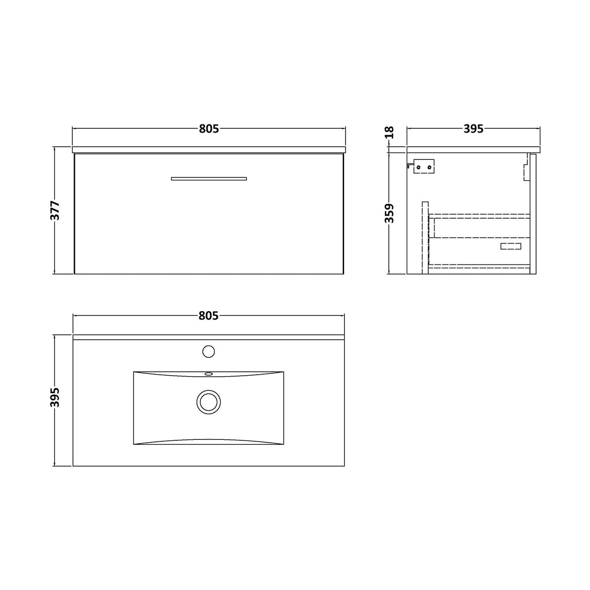 [BFLE2225B] Balterley  Modern Bathroom 1 Soft Close Drawer & Minimalist Wall Hung Vanity Unit Basin, Satin Grey, 435mm - Technical Drawing