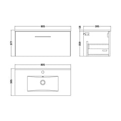 [BFLE2225B] Balterley  Modern Bathroom 1 Soft Close Drawer & Minimalist Wall Hung Vanity Unit Basin, Satin Grey, 435mm - Technical Drawing