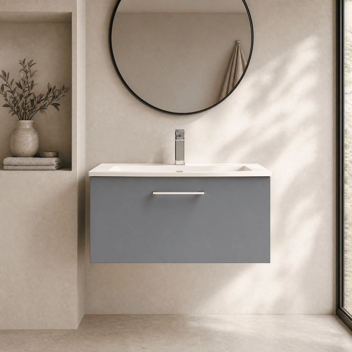 [BFLE2225G] Bramshall Contemporary 1 Soft Close Drawer Wall Hung Vanity Unit, Choice of Size/Basin Type/Colour - Silo