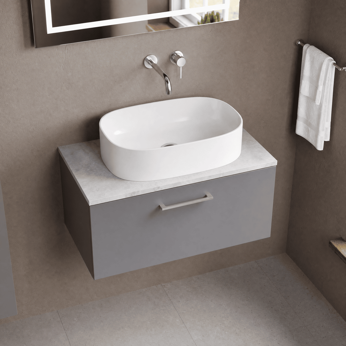 [BFLE2225LBG] Bramshall Contemporary 1 Drawer Wall Hung Vanity Unit with Bellato Grey Laminate Worktop, Choice of Size and Colour