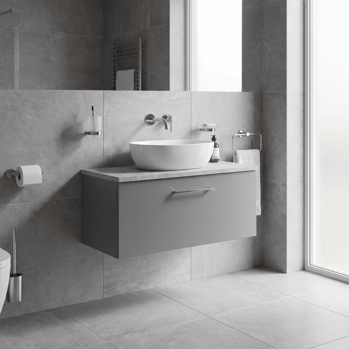 [BFLE2225LBG] Bramshall Contemporary 1 Drawer Wall Hung Vanity Unit with Bellato Grey Laminate Worktop, Choice of Size and Colour