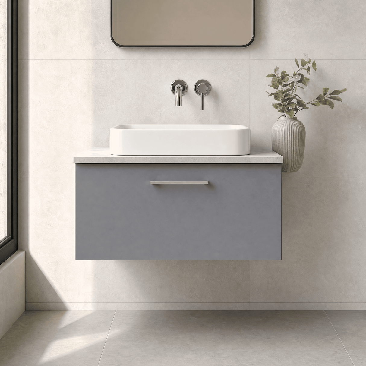 [BFLE2225LBG] Bramshall Contemporary 1 Drawer Wall Hung Vanity Unit with Bellato Grey Laminate Worktop, Choice of Size and Colour - Silo