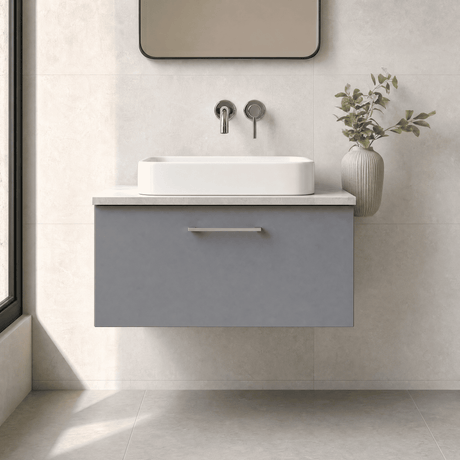 [BFLE2225LBG] Bramshall Contemporary 1 Drawer Wall Hung Vanity Unit with Bellato Grey Laminate Worktop, Choice of Size and Colour - Silo