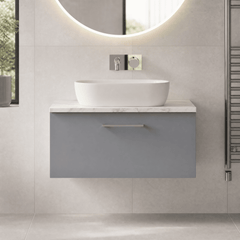 [BFLE2225LCM] Bramshall Contemporary 1 Drawer Wall Hung Vanity Unit with Carrera Marble Laminate Worktop, Choice of Size and Colour