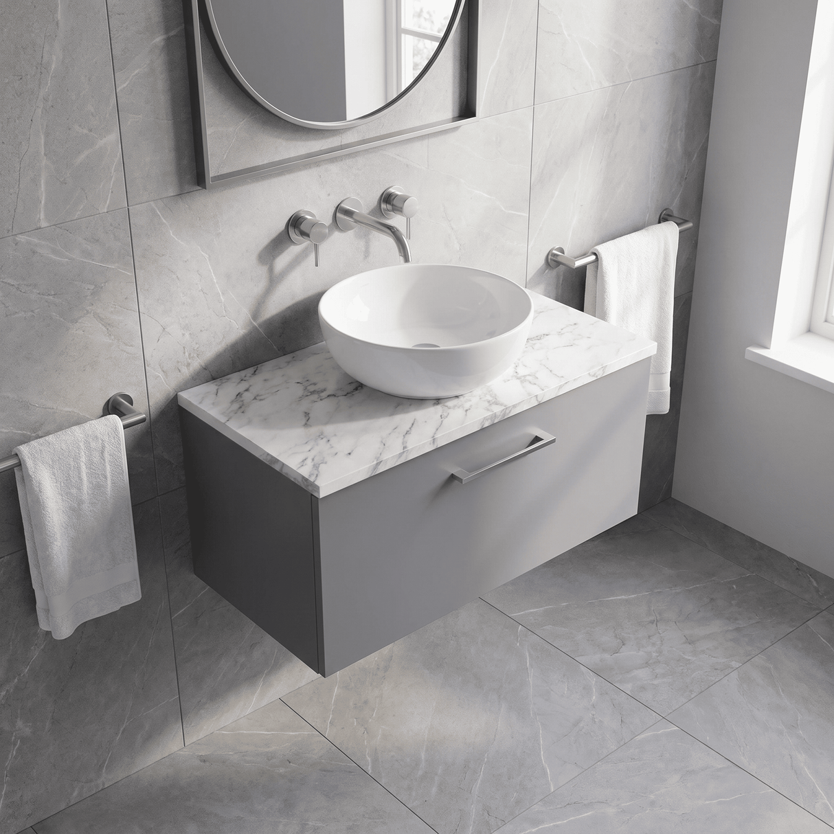 [BFLE2225LCM] Bramshall Contemporary 1 Drawer Wall Hung Vanity Unit with Carrera Marble Laminate Worktop, Choice of Size and Colour
