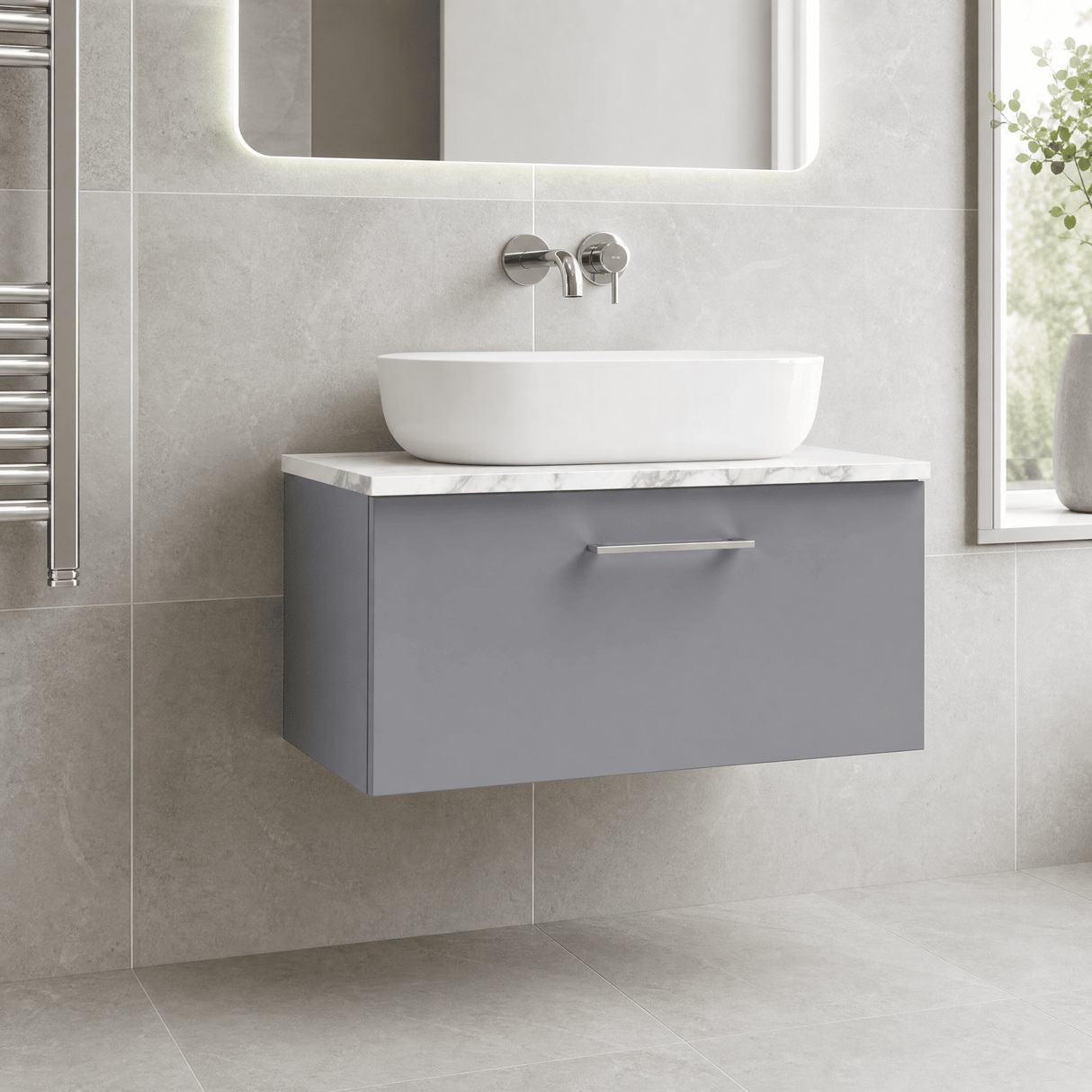 [BFLE2225LCM] Bramshall Contemporary 1 Drawer Wall Hung Vanity Unit with Carrera Marble Laminate Worktop, Choice of Size and Colour