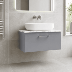 [BFLE2225LCM] Bramshall Contemporary 1 Drawer Wall Hung Vanity Unit with Carrera Marble Laminate Worktop, Choice of Size and Colour