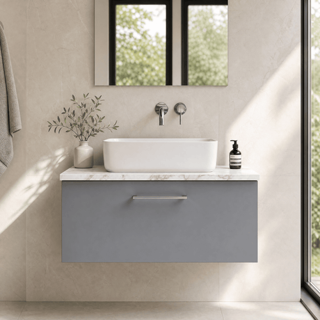 [BFLE2225LCM] Bramshall Contemporary 1 Drawer Wall Hung Vanity Unit with Carrera Marble Laminate Worktop, Choice of Size and Colour - Silo