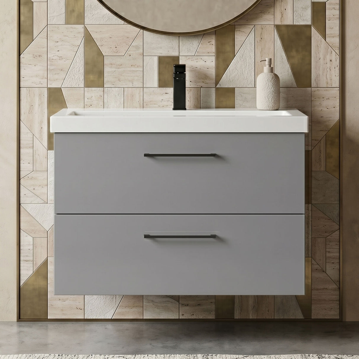 [BFLE2226AH018] Bramshall Wall Hung 2 Drawer Vanity Unit with Mid-Edge Ceramic Basin - Choice of Colour, Handle Finish and Size - Silo