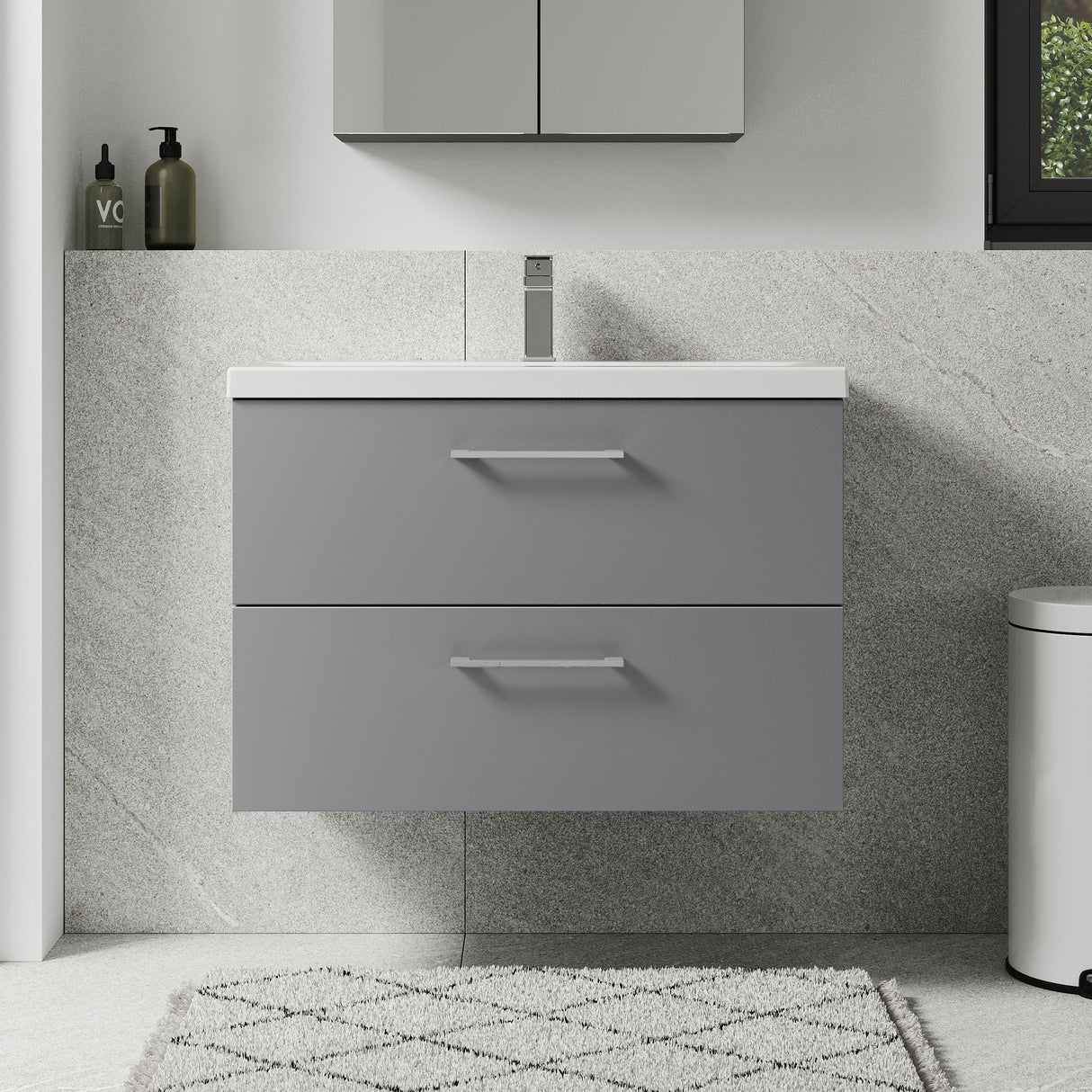 Wall Hung 2 Drawer Vanity Unit with Mid-Edge Ceramic Basin - Choice of Colour, Handle Finish and Size