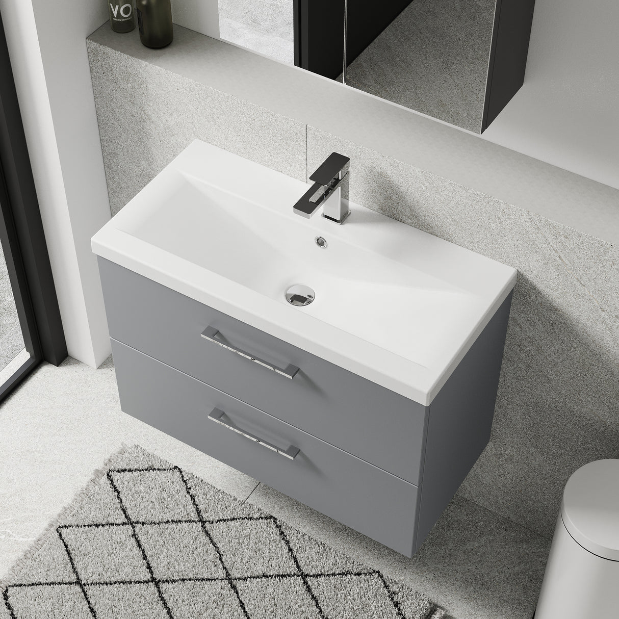 Wall Hung 2 Drawer Vanity Unit with Mid-Edge Ceramic Basin - Choice of Colour, Handle Finish and Size