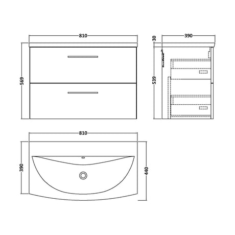 [BFLE2226G] Balterley  Modern Bathroom Wall Hung 2 Soft Close Drawer Vanity Unit & Curved Basin, Satin Grey, 800mm - Technical Drawing