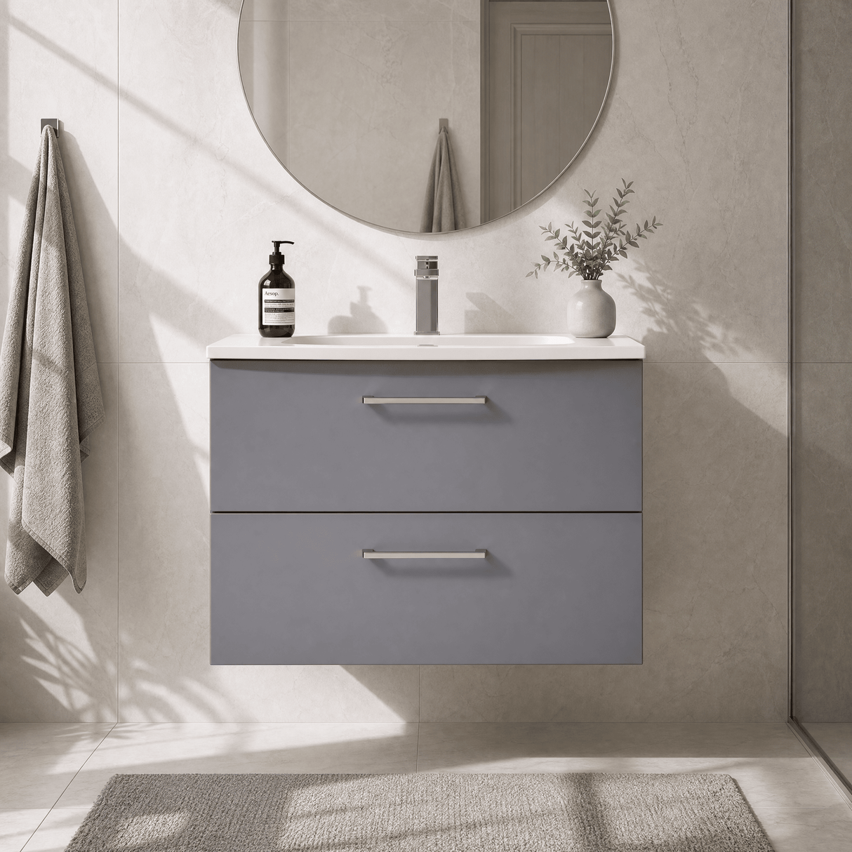 [BFLE2226G] Bramshall Contemporary 2 Soft Close Drawer Wall Hung Vanity Unit, Choice of Size/Basin Type/Colour - Silo