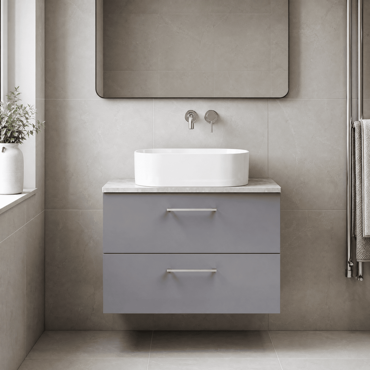 [BFLE2226LBG] Bramshall Contemporary 2 Drawer Wall Hung Vanity Unit with Bellato Grey Laminate Worktop, Choice of Size and Colour