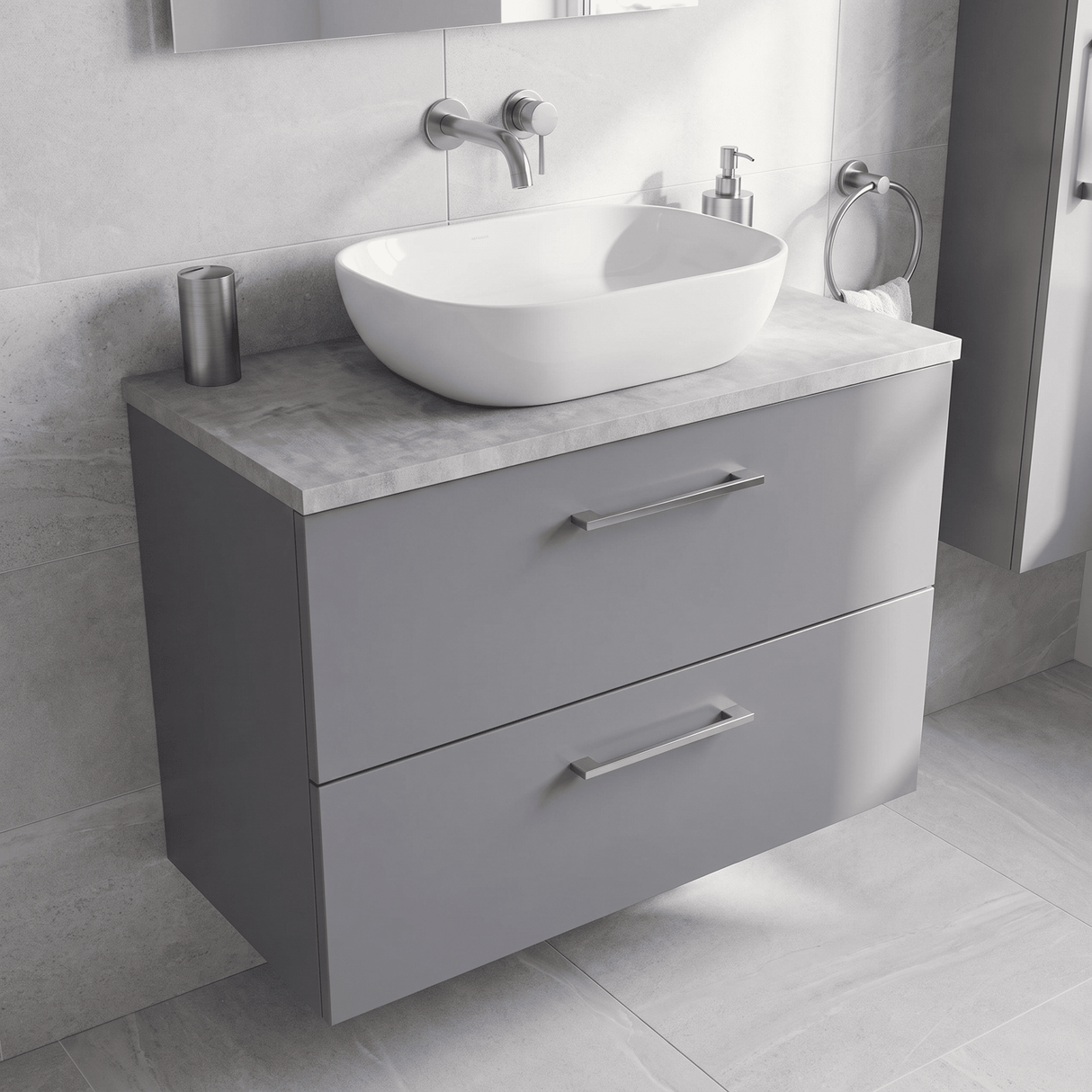 [BFLE2226LBG] Bramshall Contemporary 2 Drawer Wall Hung Vanity Unit with Bellato Grey Laminate Worktop, Choice of Size and Colour