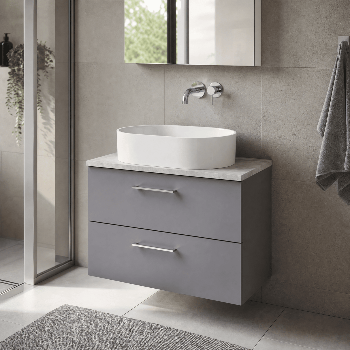 [BFLE2226LBG] Bramshall Contemporary 2 Drawer Wall Hung Vanity Unit with Bellato Grey Laminate Worktop, Choice of Size and Colour