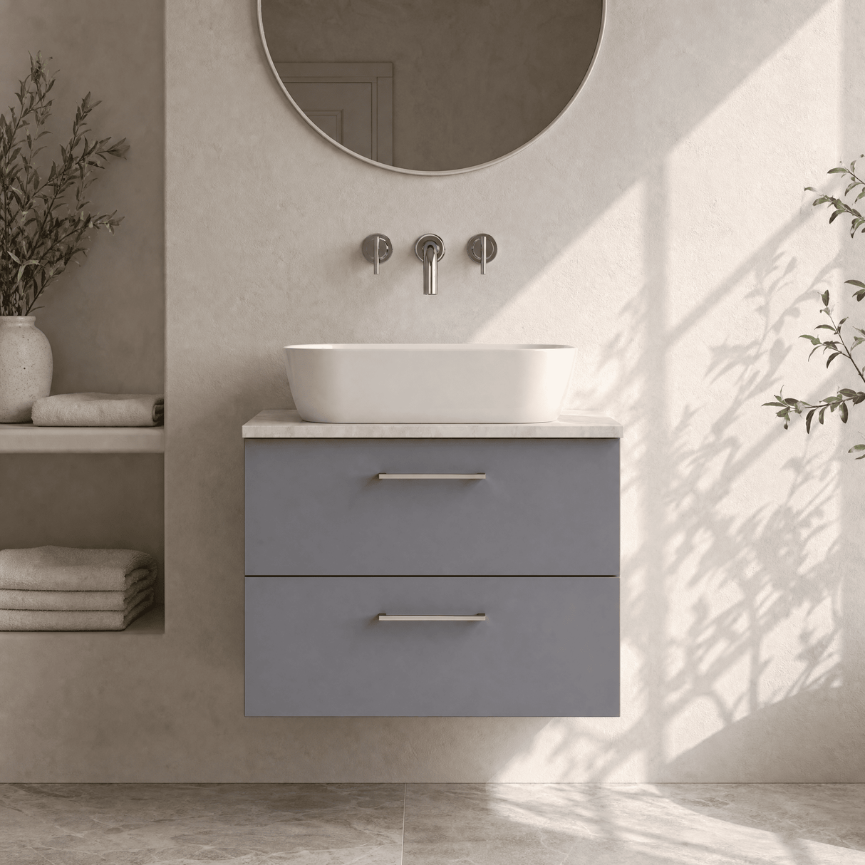 [BFLE2226LBG] Bramshall Contemporary 2 Drawer Wall Hung Vanity Unit with Bellato Grey Laminate Worktop, Choice of Size and Colour - Silo