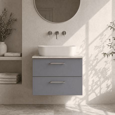 [BFLE2226LBG] Bramshall Contemporary 2 Drawer Wall Hung Vanity Unit with Bellato Grey Laminate Worktop, Choice of Size and Colour - Silo