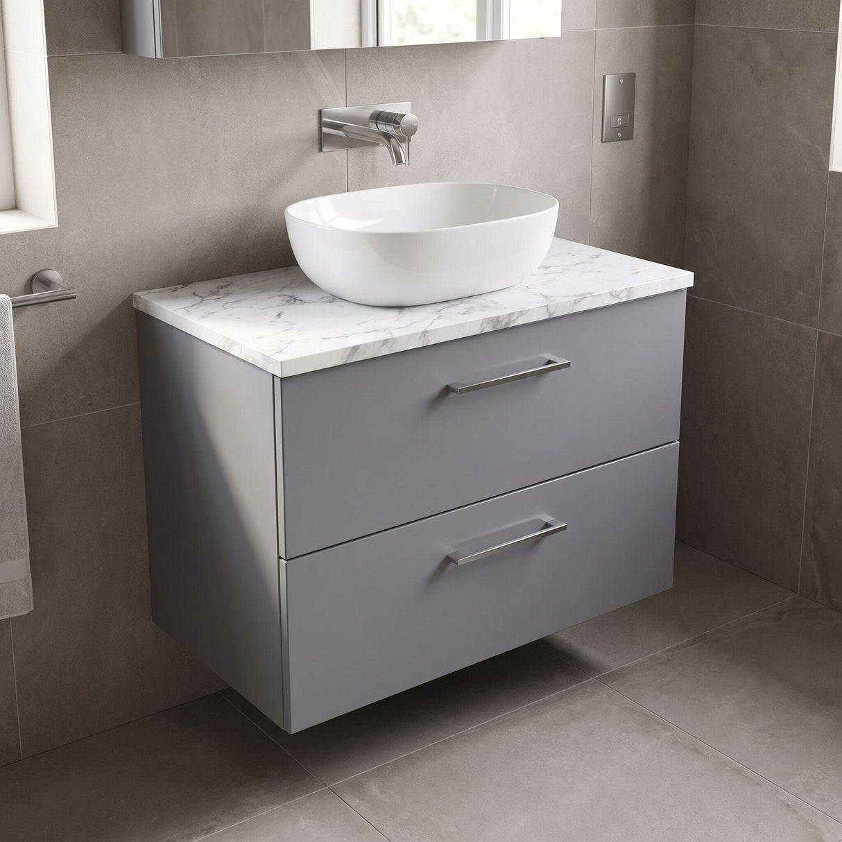 [BFLE2226LCM] Bramshall Contemporary 2 Drawer Wall Hung Vanity Unit with Carrera Marble Laminate Worktop, Choice of Size and Colour