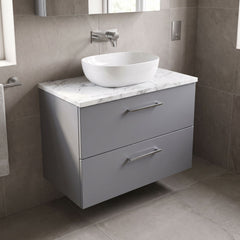 [BFLE2226LCM] Bramshall Contemporary 2 Drawer Wall Hung Vanity Unit with Carrera Marble Laminate Worktop, Choice of Size and Colour