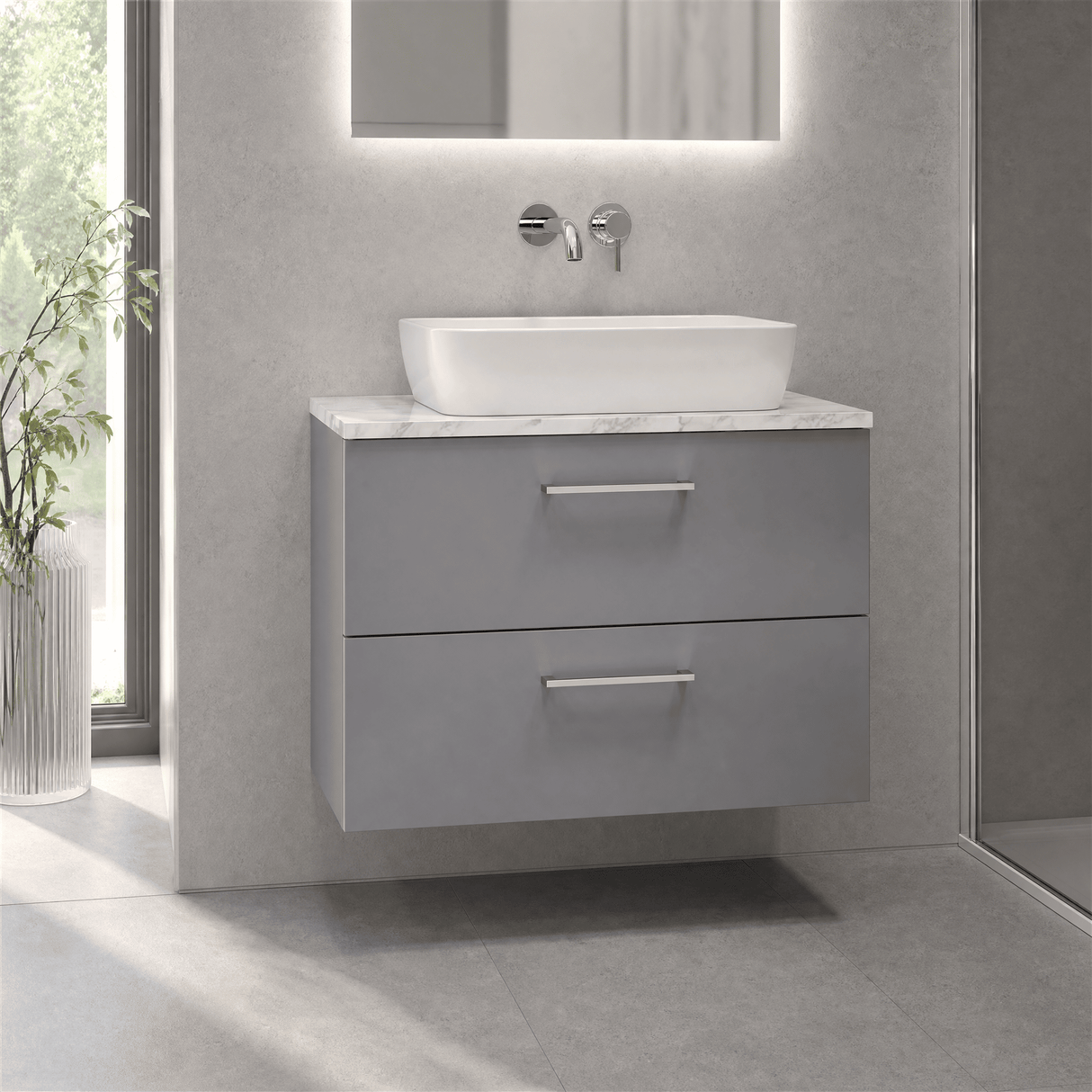 [BFLE2226LCM] Bramshall Contemporary 2 Drawer Wall Hung Vanity Unit with Carrera Marble Laminate Worktop, Choice of Size and Colour