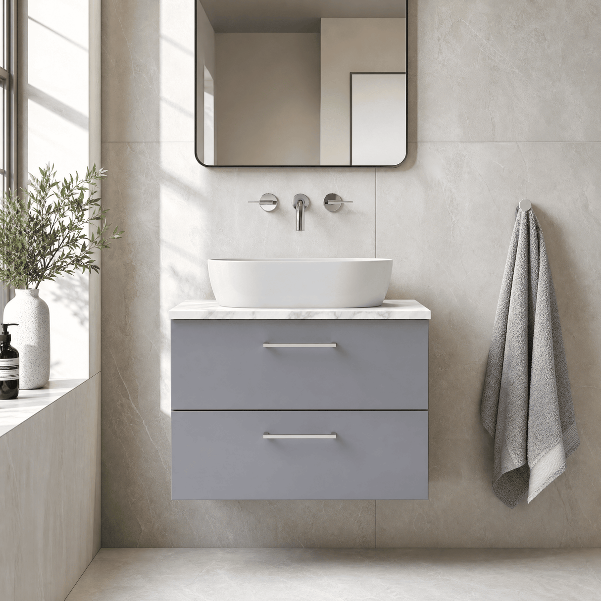 [BFLE2226LCM] Bramshall Contemporary 2 Drawer Wall Hung Vanity Unit with Carrera Marble Laminate Worktop, Choice of Size and Colour - Silo