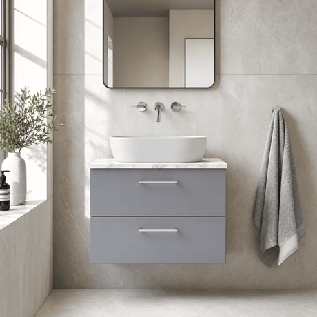 [BFLE2226LCM] Bramshall Contemporary 2 Drawer Wall Hung Vanity Unit with Carrera Marble Laminate Worktop, Choice of Size and Colour - Silo