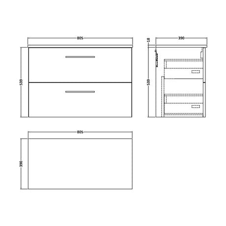 [BFLE2226W] Balterley Level Modern Bathroom 800mm Wall Hung 2 Soft Close Drawer Vanity Unit with Worktop, 557 x 805 x 390mm, Satin Grey - Technical Drawing