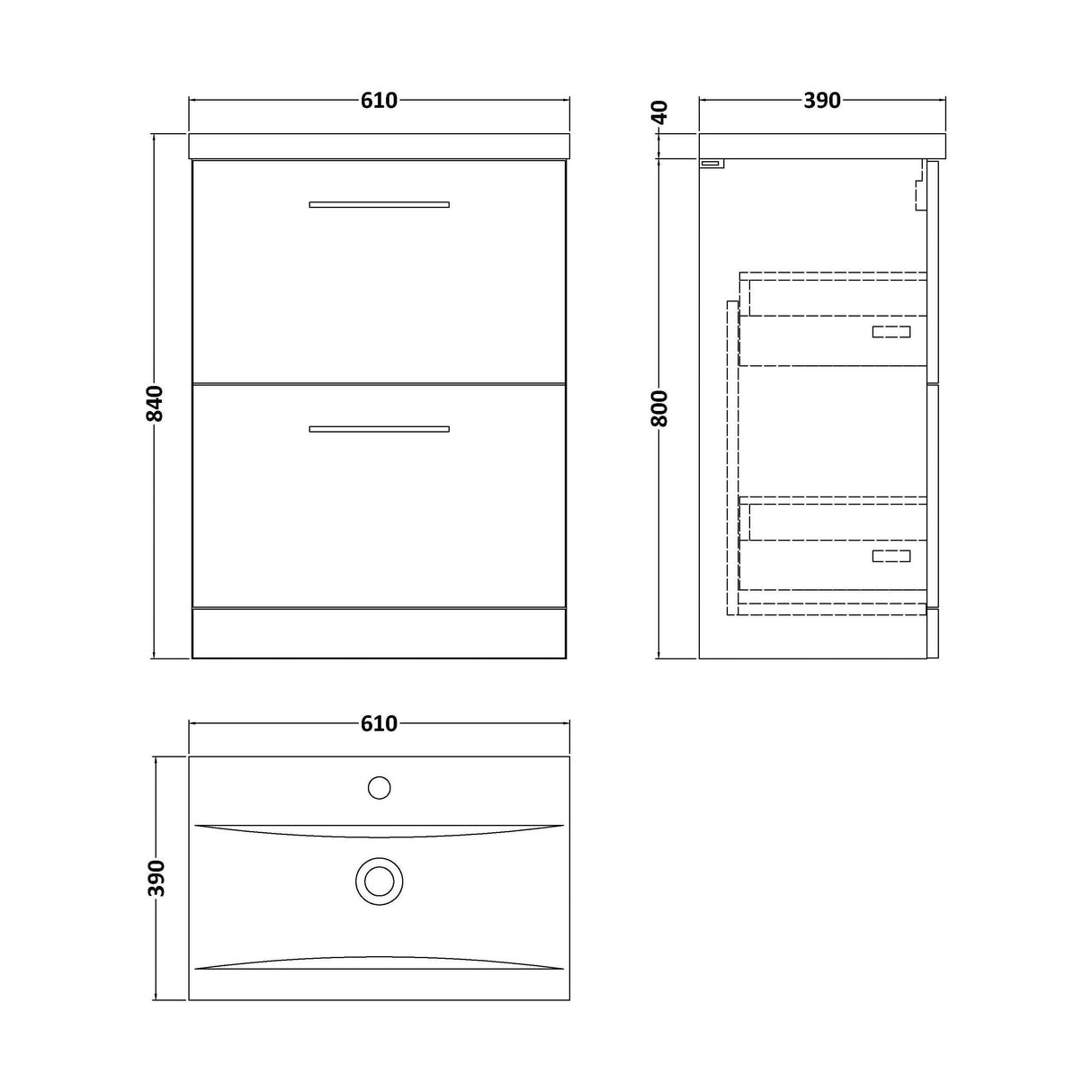 [BFLE2233A] Balterley Modern Bathroom 2 Soft Close Drawer Floor Standing Vanity Unit & Rectangular Mid-Edge Basin, Satin Grey, 600 mm - Technical Drawing