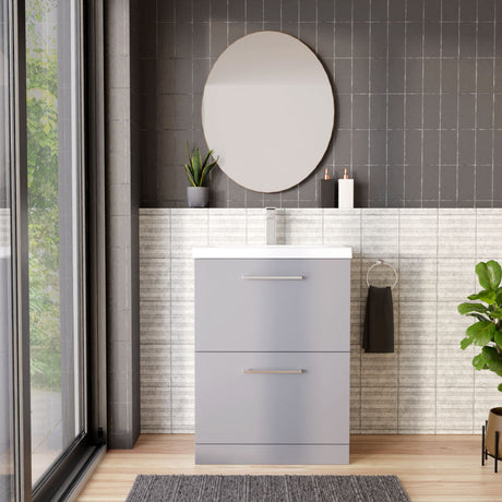 [BFLE2233A] Balterley Modern Bathroom 2 Soft Close Drawer Floor Standing Vanity Unit & Rectangular Mid-Edge Basin, Satin Grey, 600 mm - Lifestyle 1