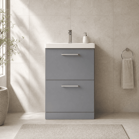 [BFLE2233A] Balterley Modern Bathroom 2 Soft Close Drawer Floor Standing Vanity Unit & Rectangular Mid-Edge Basin, Satin Grey, 600 mm - Silo