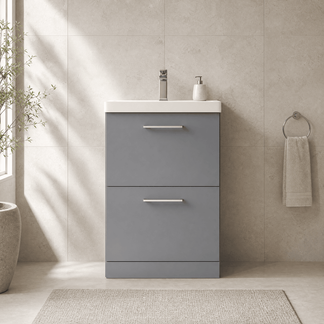 [BFLE2233A] Balterley Modern Bathroom 2 Soft Close Drawer Floor Standing Vanity Unit & Rectangular Mid-Edge Basin, Satin Grey, 600 mm - Silo